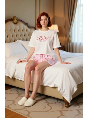 Ersefa Kadın Baskılı Şortlu Pijama Takımı Bisiklet Yaka Fonksiyonel Dayanıklı Kaliteli Konforlu Şık
