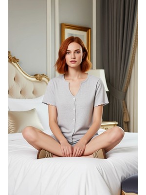 Ersefa Kadın Melanj Düğmeli Gömlek Yaka Şortlu Pijama Takımı Fonksiyonel Dayanıklı Kaliteli Rahat