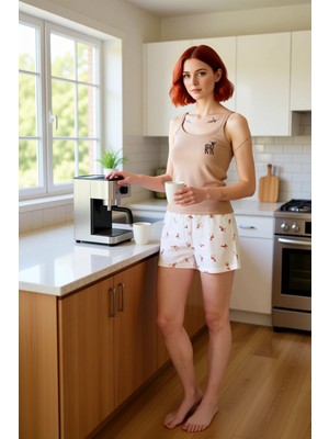 FRM Kadın Geyik Nakışlı Ince Askılı Atlet ve Şort Pijama Takımı Fonksiyonel Dayanıklı Kaliteli