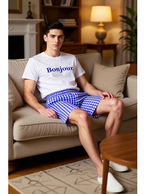 PayBuy Erkek Bonjour Baskılı Bisiklet Yaka Şortlu Pijama Takımı Fonksiyonel Dayanıklı Kaliteli Şık