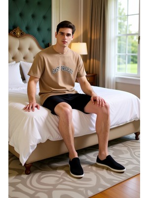 Ersefa Erkek Waffle Dokulu Sloganlı Bisiklet Yaka Pijama Takımı Fonksiyonel Dayanıklı Kaliteli Şık