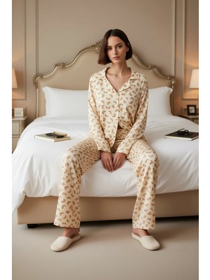 Ersefa Kadın Viskoza Baskılı Pijama Takımı Gömlek ve Pantolon Uzun Kollu Fonksiyonel Dayanıklı Şık