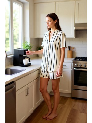 FRM Kadın Çizgili Viskon Pijama Takımı Gömlek ve Şort Fonksiyonel Dayanıklı Kaliteli Konforlu Şık