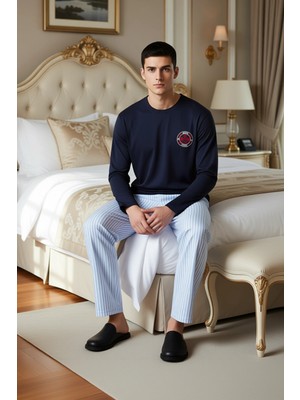Ersefa Erkek Çizgili Pijama Takımı Bisiklet Yaka Nakışlı Fonksiyonel Dayanıklı Kaliteli Konforlu Şık