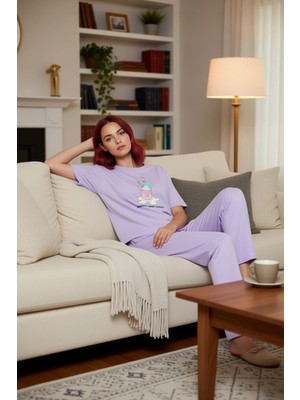 PayBuy Kadın Açık Eğlenceli Baskılı Bisiklet Yaka Pijama Takımı Fonksiyonel Dayanıklı Kaliteli Şık