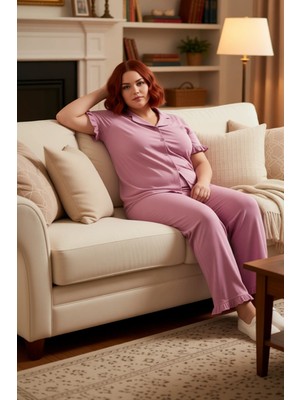 PayBuy Kadın Fırfırlı Kol Gömlek Yaka Örme Pijama Takımı Fonksiyonel Dayanıklı Kaliteli Konforlu Şık