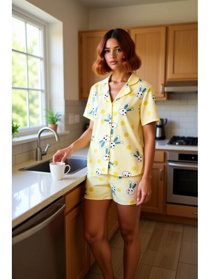FRM Kadın Puantiyeli Tavşan Desenli Viskon Pijama Takımı Fonksiyonel Dayanıklı Kaliteli Modern