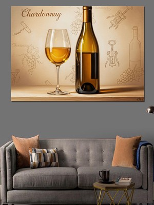 Tablo Mega Beyaz Şarap Şişesi ve Kadehi Dekoratif Kanvas - Mdf Ahşap Tablo