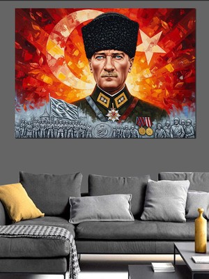 Tablo Mega Türk Bayrağı ve Kalpak Başlıklı Mareşal Mustafa Kemal Atatürk  Dekoratif Kanvas - Mdf Ahşap Tablo