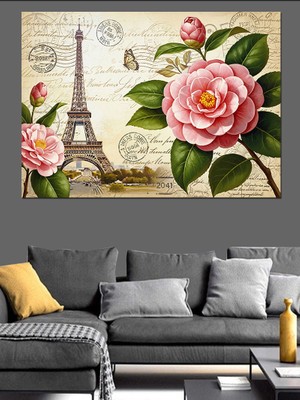 Tablo Mega Eyfel Kulesi Pembe Güller Mektup Romantik Dekoratif Kanvas - Mdf Ahşap Tablo