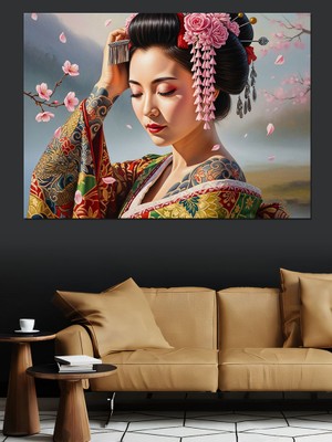 Tablo Mega Geleneksel Japon Geyşa Kadın Dekoratif Kanvas - Mdf Ahşap Tablo