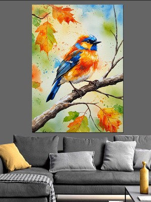 Karizma Tablo Mavi Turuncu Kuş Hayvan Dekoratif Kanvas - Mdf Ahşap Tablo