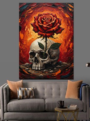 Tablomega Kırmızı Gül Kurukafa Çiçek Dekoratif Kanvas - Mdf Ahşap Tablo