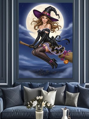 Tablomega Süpürgeli Cadı Gece Uçuşu Dekoratif Kanvas - Mdf Ahşap Tablo