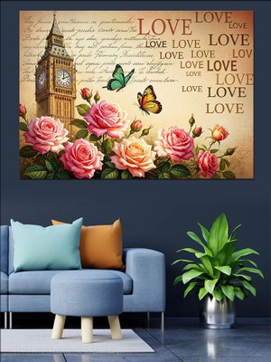 Tablo Mega Gül Kelebek Big Ben Aşk Yazıları Dekoratif Kanvas - Mdf Ahşap Tablo