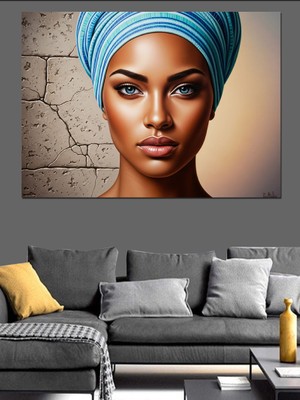 Tablo Mega Mavi Türbanlı Afrikalı Kadın Dekoratif Kanvas - Mdf Ahşap Tablo