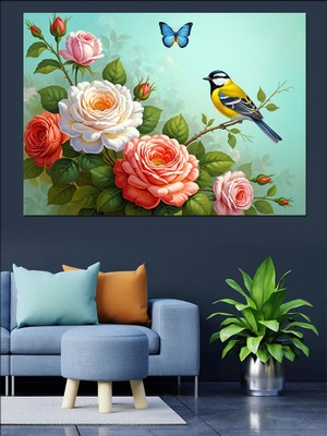Tablo Mega Pembe Güller Kelebek ve Kuş  Dekoratif Kanvas - Mdf Ahşap Tablo