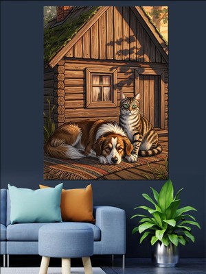 Karizma Tablo Kulübe Önünde Köpek ve Kedi Dekoratif Kanvas - Mdf Ahşap Tablo