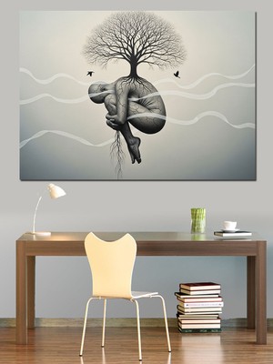 Tablo Mega Ağaç Şeklinde Düşünen Insan Soyut Çalışma Dekoratif Kanvas - Mdf Ahşap Tablo