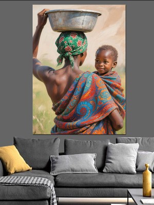 Artmeg Geleneksel Kıyafetli Sepetli Afrikalı Kadın Dekoratif Kanvas - Mdf Ahşap Tablo