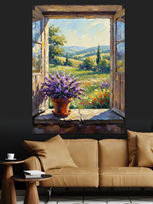 Artmeg Pencere Önü Çiçek Manzarası Dekoratif Kanvas - Mdf Ahşap Tablo