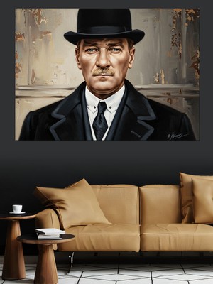 Karizma Tablo Şapkalı Atatürk Portresi Dekoratif Kanvas - Mdf Ahşap Tablo