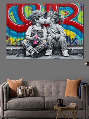 Karizma Tablo Grafiti Duvar Fonlu Çocukluk Aşkı Dekoratif Kanvas - Mdf Ahşap Tablo