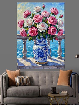 Artmeg Mavi Vazoda Çiçek Aranjmanı Dekoratif Kanvas - Mdf Ahşap Tablo