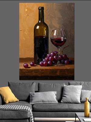 Karizma Tablo Şarap Şişesi Üzüm Natürmort Dekoratif Kanvas - Mdf Ahşap Tablo