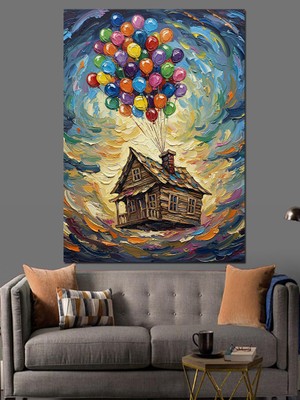 Artmeg Balonlu Ev Fantastik Manzara Dekoratif Kanvas - Mdf Ahşap Tablo