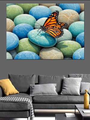 Artmeg Renkli Deniz Taşları ve Kelebek Dekoratif Kanvas - Mdf Ahşap Tablo