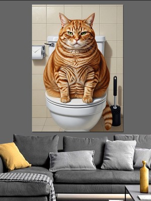 Artmeg Banyoda Oturan Komik Kedi Dekoratif Kanvas - Mdf Ahşap Tablo