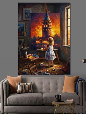 Karizma Tablo Küçük Ressam Kız ve Galata Kulesi Dekoratif Kanvas - Mdf Ahşap Tablo