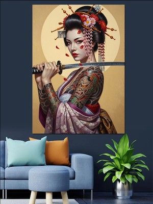 Karizma Tablo Kılıç Tutan Japon Geyşa Dekoratif Kanvas - Mdf Ahşap Tablo