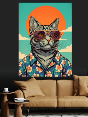Artmeg Gözlüklü ve Kolye Takan Kedi Dekoratif Kanvas - Mdf Ahşap Tablo