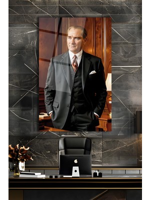 Duvar Sanatı Atatürk Portresi Dikey Cam Tablo Iş Ofis Makam Odası Müdür Odası Hediyelik Büyük Tablo