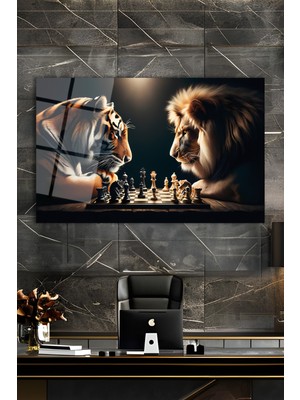 Duvar Sanatı Satranç Oynayan Aslan ve Kaplan Cam Tablo Hediyelik, Salon, Işyeri, Ofis, Büyük, Duvar Dekoru