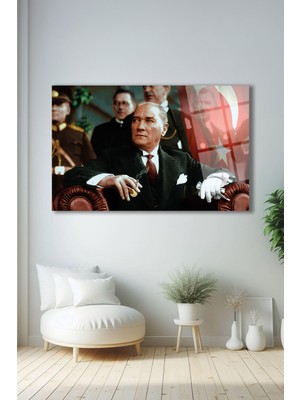 Duvar Sanatı Atatürk Portresi ve Türk Bayrağı Yatay Cam Tablo Iş Ofis Makam Odası Hediyelik Tablo