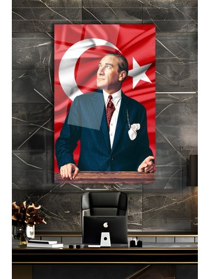 Duvar Sanatı Atatürk Portresi ve Türk Bayrağı Cam Tablo Iş Ofis Makam Odası Müdür Odası Hediyelik Büyük Tablo