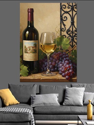 Artmeg Şarap Üzüm Natürmort Kırmızı Dekoratif Kanvas - Mdf Ahşap Tablo