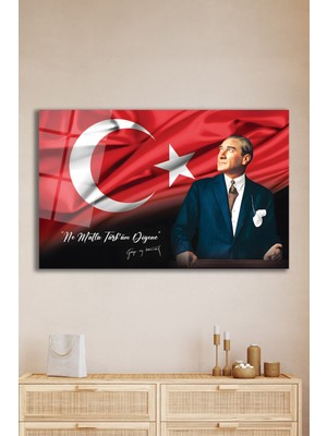 Duvar Sanatı Atatürk Portre ve Türk Bayrağı Ne Mutlu Türküm Diyene Cam Tablo, Kurum Ofis Iş Hediyelik Tablo