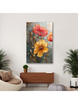 Duvar Sanatı Sarı Kırmızı Çiçekler Cam Tablo, Ev, Ofis, Salon, Modern Büyük Duvar Dekoru