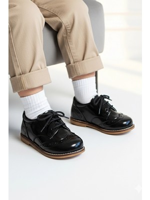 cevoclub kids Hakiki Deri Ortopedik Ilkadım Ayakkabı Siyah Rugan CV-434