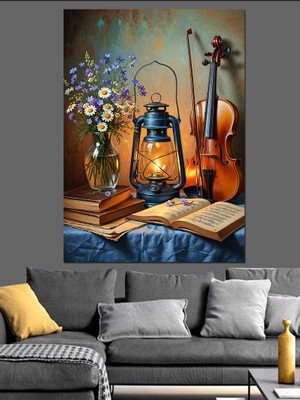 Artmeg Müzik Aletleri Natürmort Keman ve Lamba Dekoratif Kanvas - Mdf Ahşap Tablo