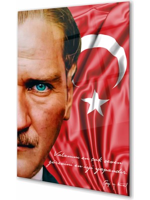 Duvar Sanatı Atatürk Portre ve Türk Bayrağı Cam Tablo, Vatanını En Çok Seven, Kurum Ofis Iş Hediyelik Tablo