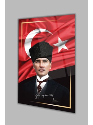 Duvar Sanatı Atatürk Portre ve Türk Bayrağı Dikey Cam Tablo, Modern Duvar Dekoru , Kurum Ofis Iş Hediyelik Tablo