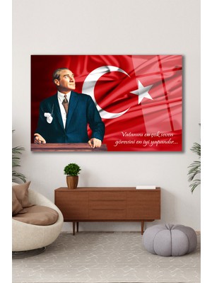 Duvar Sanatı Atatürk Portresi ve Türk Bayrağı Vatanını En Çok Seven Cam Tablo Iş Ofis Makam Odası Hediyelik Tablo