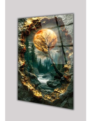 Duvar Sanatı Günbatımı Manzara Ay ve Ağaçlar Yeşil Gold Cam Tablo Hediyelik Salon Işyeri Ofis Büyük Duvar Dekoru