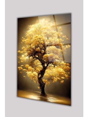 Duvar Sanatı Sarı Gold Ağaç Cam Tablo Hediyelik Ev Salon Işyeri Ofis Büyük Duvar Dekoru