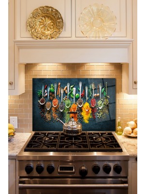 Duvar Sanatı Ocak Arkası Cam Koruyucu, Tezgah Ankastre Arkası Koruyucu, Isıya Dayanıklı, Baharatlar Dekoratif Cam